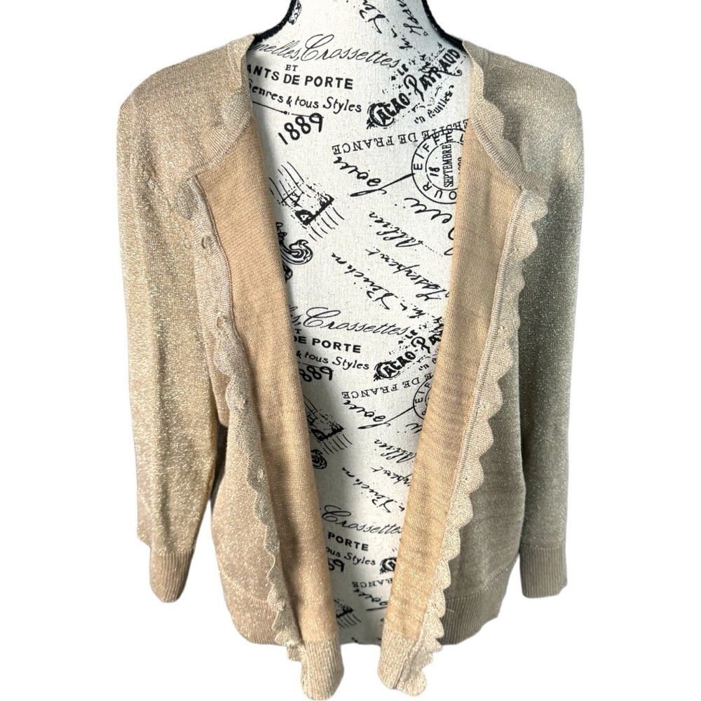 Women’s Cable and Gauge Gold Metallic Scalloped Edge Cardigan Sweater Size Large - Picture 4 of 9